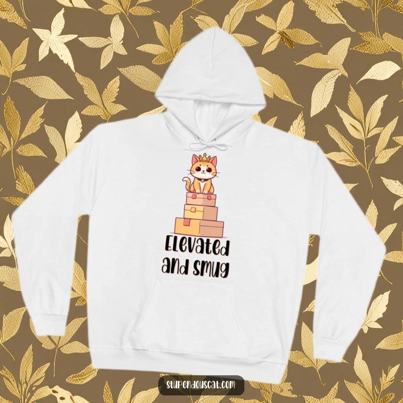 Funny hoodie showcasing a regal cat sitting with pride atop a tower of boxes, exuding a sense of supreme ownership.