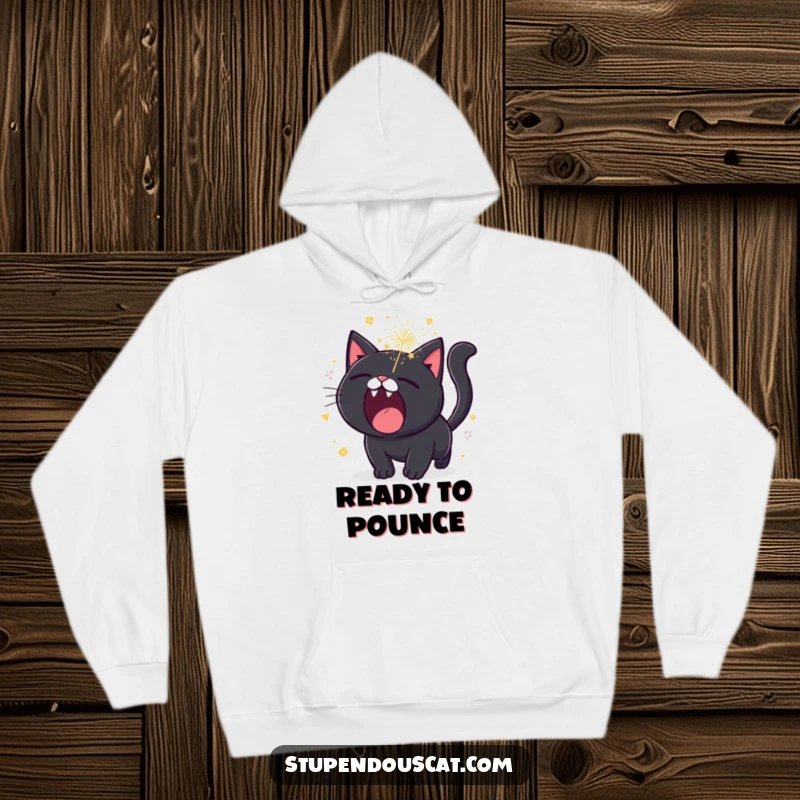 Funny black cat hoodie, roaring with tiny, sparkling fireworks erupting, offering cozy warmth and explosive style.