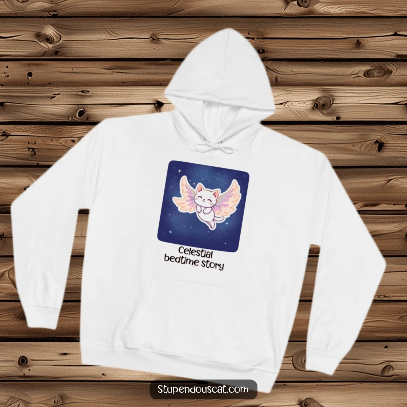 Funny Stardust Cat Hoodie: A warm hoodie featuring a cat with shimmering wings made of stardust, soaring gracefully.