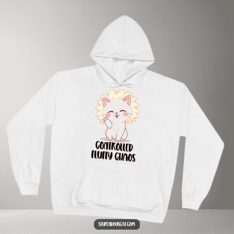 Funny cat hoodie showing a cat comically trying to tame its large, fluffy, wild, and voluminous mane.