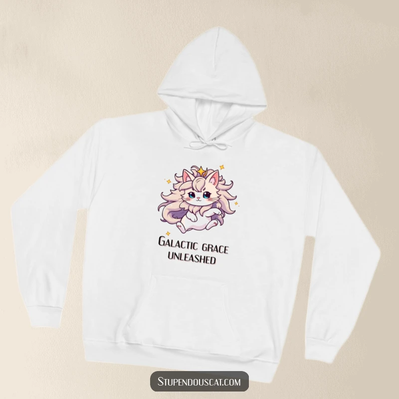 Funny Hoodie featuring a majestic cat with a flowing, starry mane captured mid-leap, radiating cosmic wonder and comfortable style.