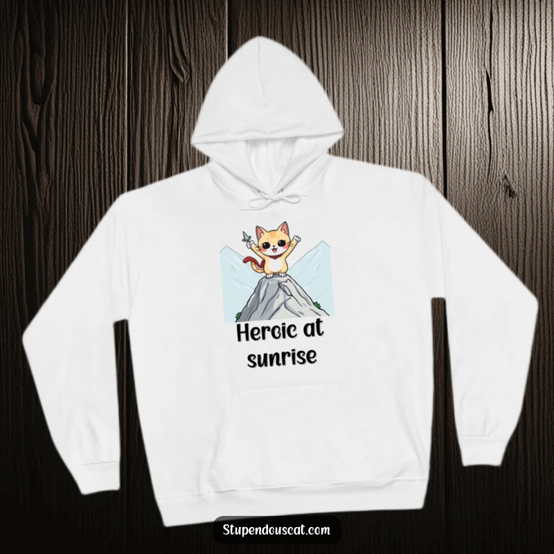 Funny hoodie showcasing a heroic cat character striking a pose on a mountaintop, perfect for adventurers and cat fans.