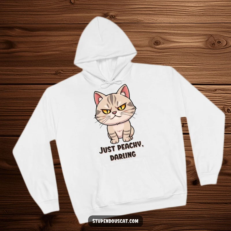 Funny hoodie: A smug cat with narrowed, twinkling eyes is captured in a sophisticated, dramatic pose, radiating charm.
