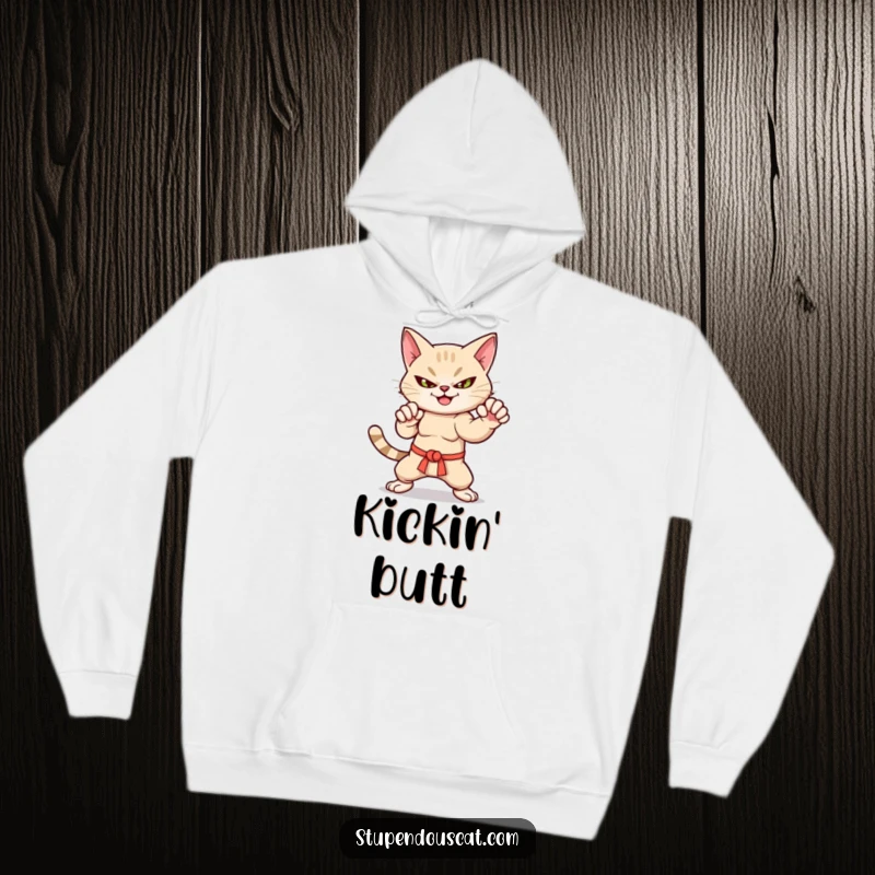 Funny martial arts cat hoodie with a smirk, dynamic pose, warm and perfect for training.