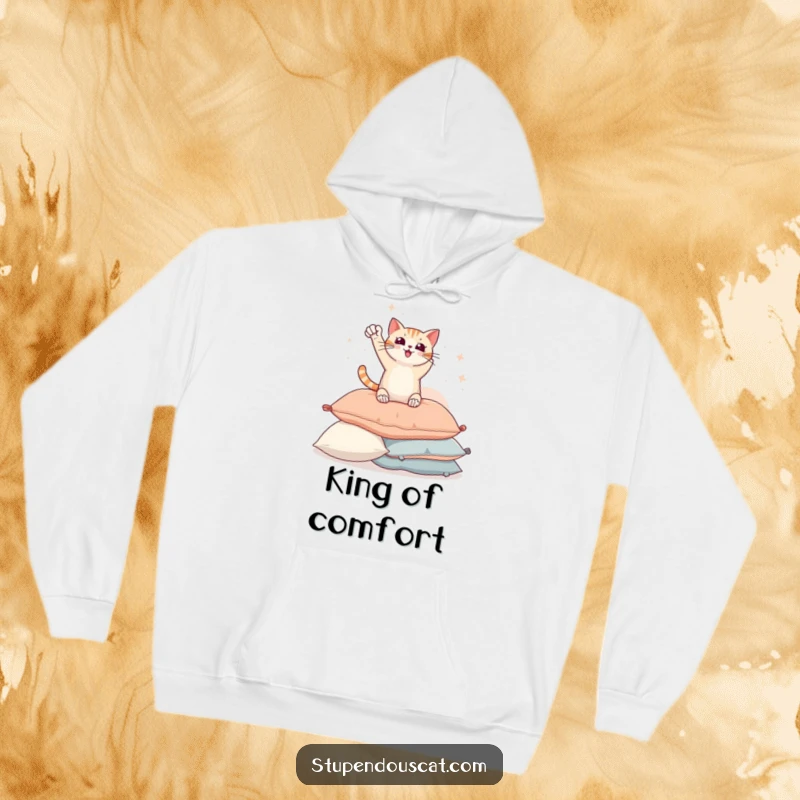 Funny hoodie displaying a triumphant cat in a heroic stance, perched regally on a pile of plush pillows, looking victorious.