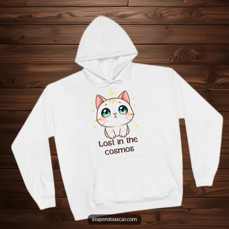 Funny Hoodie: A cat with wide, impressed eyes looking at a beautiful starry sky, embodying cosmic awe and comfort.