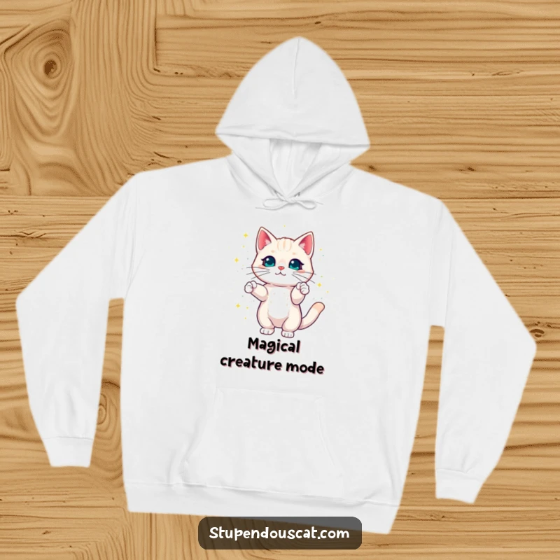 Funny Cat Hoodie with a cat creating a dazzling display of colorful magic sparkles, cozy and mystically enchanting.