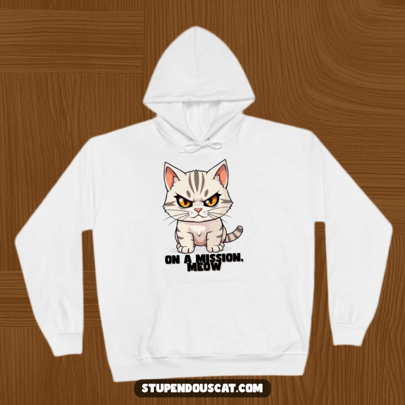 Funny determined cat hoodie featuring a focused cat with a steely gaze, ready to tackle any challenge with cozy warmth.