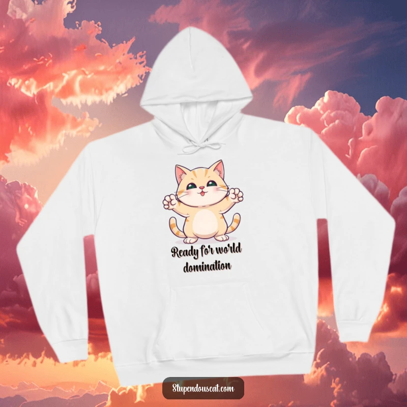 Funny hoodie depicting a heroic cat in a strong pose, front paws outstretched, for cozy, brave wear.