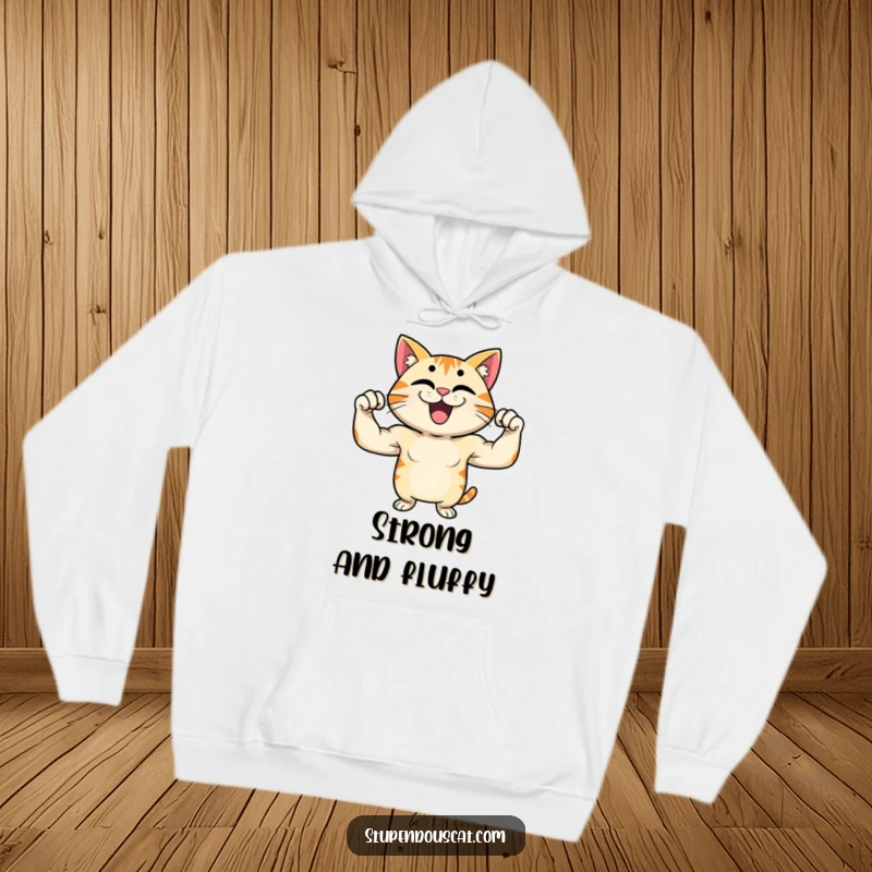 Funny hoodie showcasing a proud cat character flexing its muscles with a beaming grin, perfect for fitness fans.
