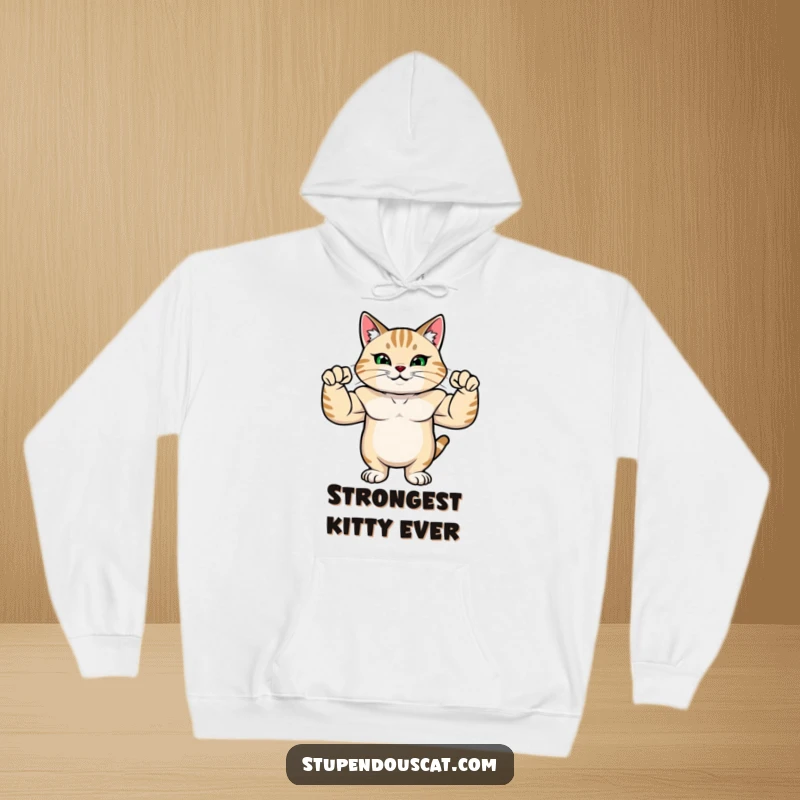 Funny hoodie showing a strong cat with muscular arms, flexing its biceps with pride and a powerful stance.