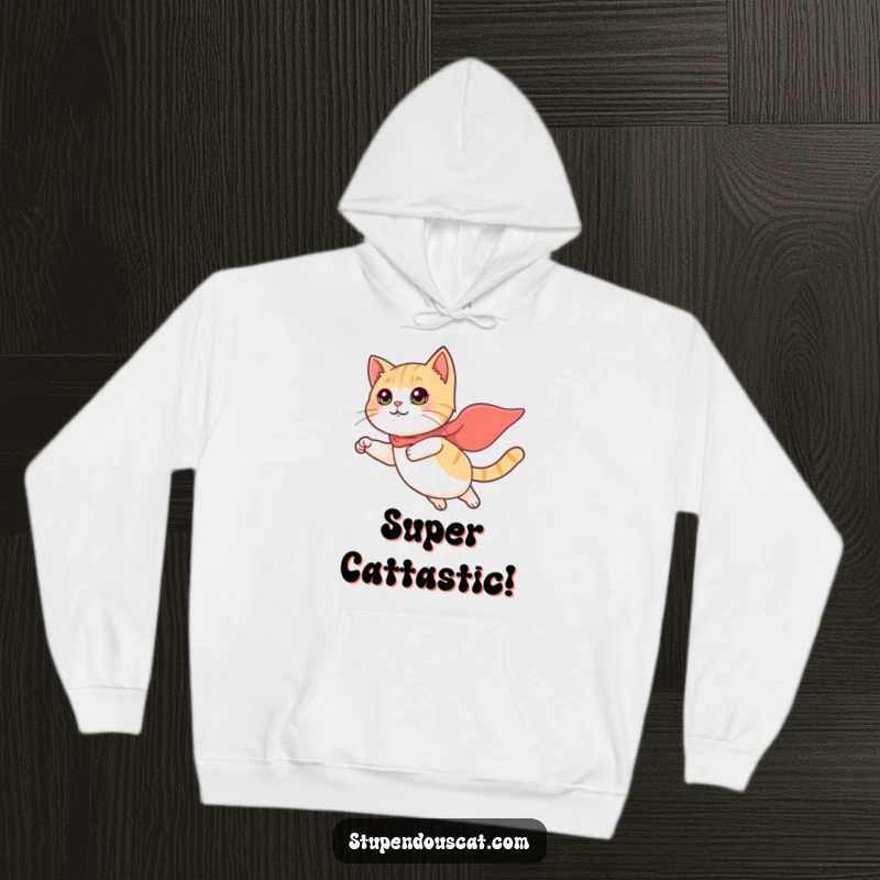 Funny Hoodie: A determined cat heroically flies with a tiny cape, offering snuggly warmth and heroic charm.