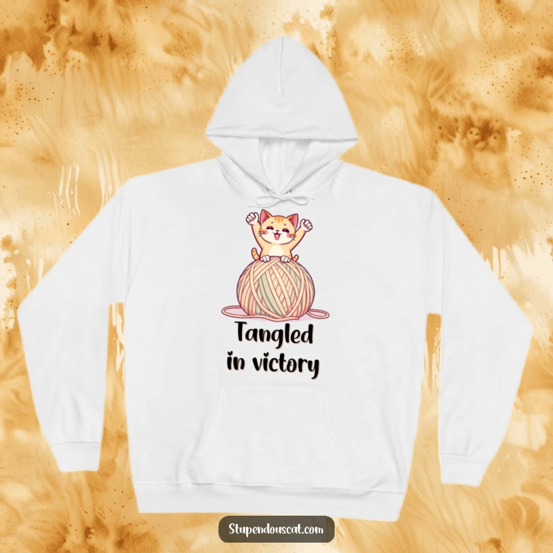 Funny hoodie with a cat in a triumphant pose on a giant ball of yarn, offering cozy comfort and playful humor, a perfect gift.
