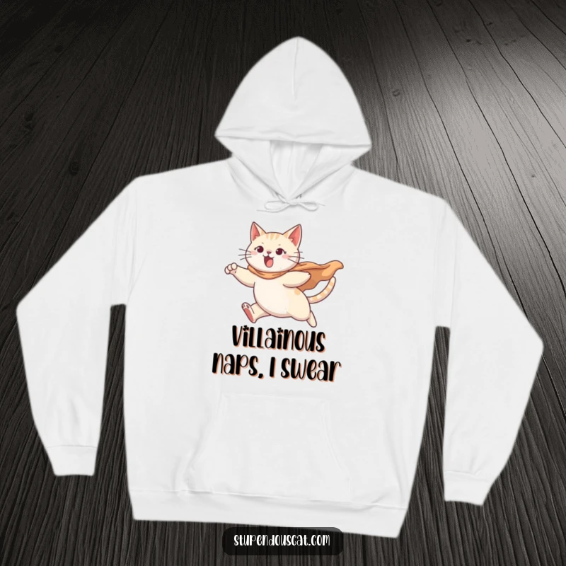 Funny hoodie featuring a determined cat leaping bravely, cape dramatically billowing, for ultimate cozy heroism.