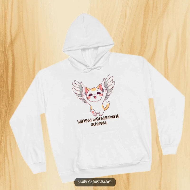 Funny Hoodie showcasing a triumphant cat with unfurled wings, soaring gracefully, providing warmth and a sense of liberation.