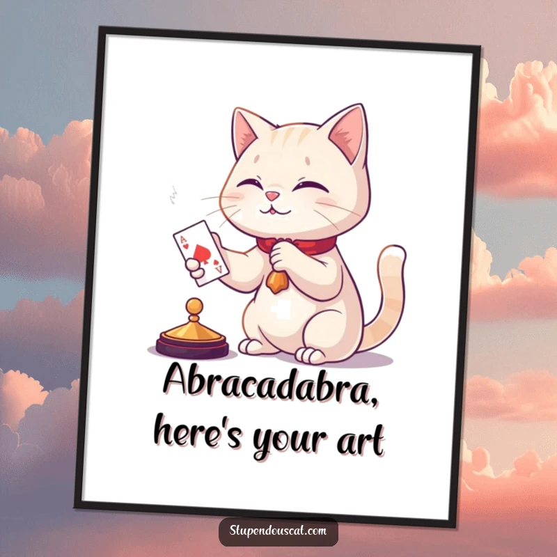 Funny Free Printable Wall Art: A cool cat in a magician's hat conjuring a playing card with mystical energy, perfect decor.