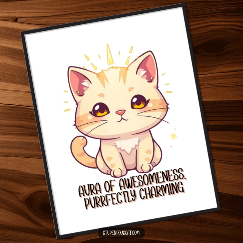 Funny free printable wall art of a cat with a radiant aura, exuding powerful charm, glamorous downloadable art.