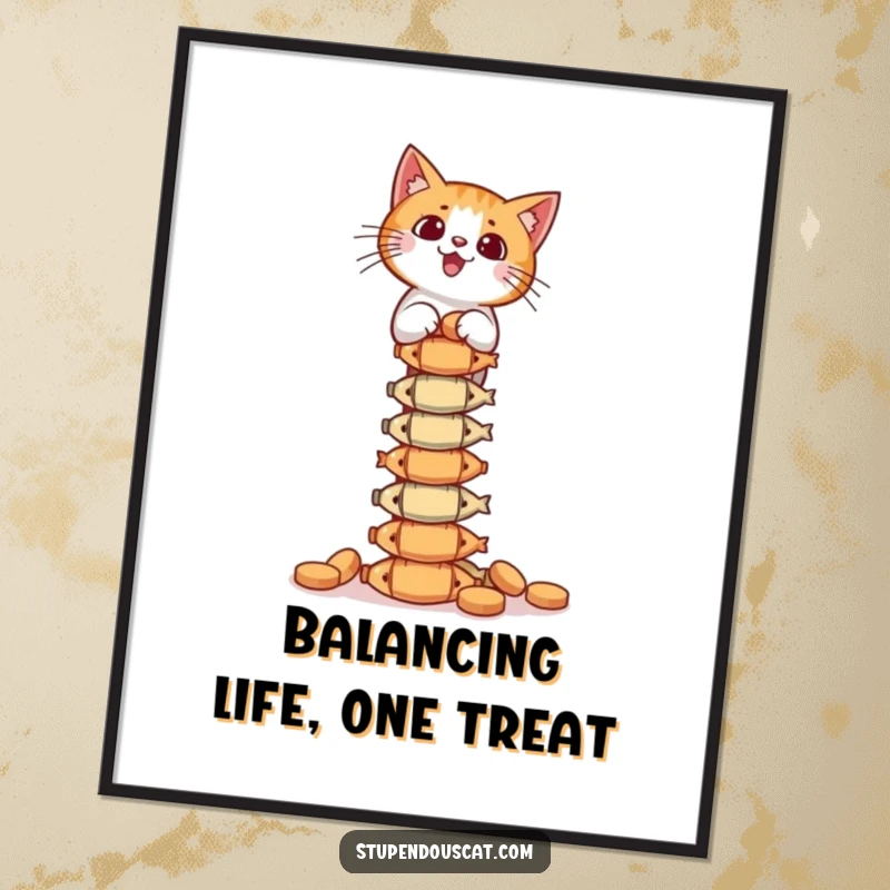 Funny Free Printable Wall Art: A cat masterfully balances a towering stack of fish treats, showcasing impressive focus and a love for snacks, download now.