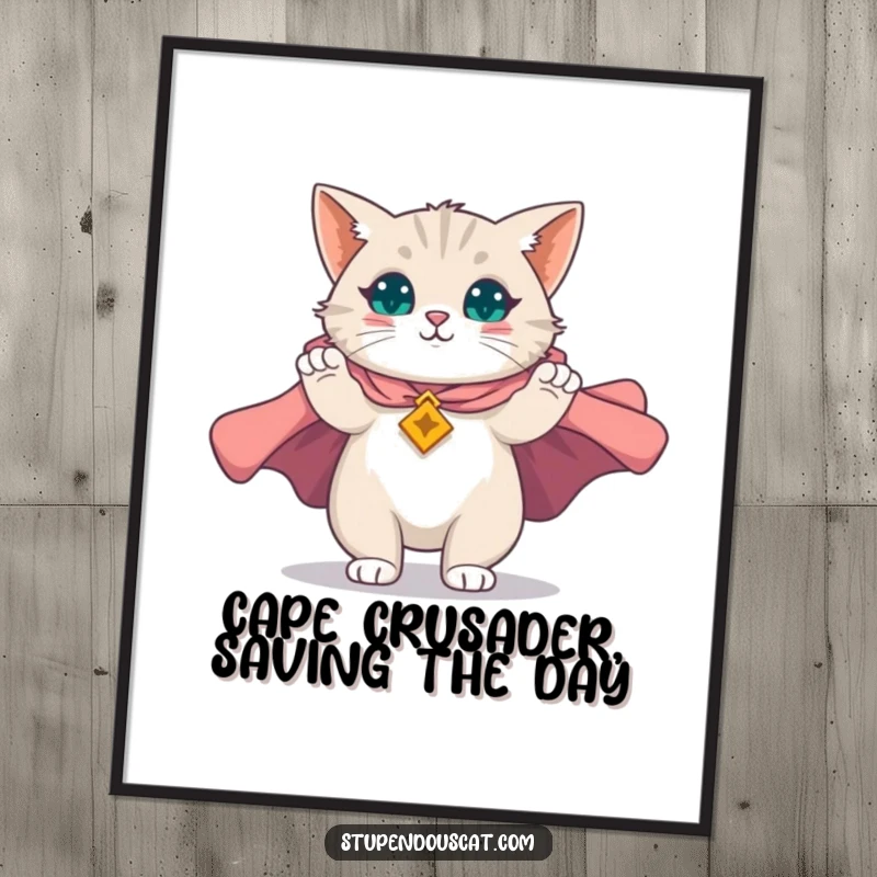 Funny Free Printable Wall Art: A magnificent cat unfurls a majestic cape, looking incredibly heroic. Hilarious downloadable cat decor.