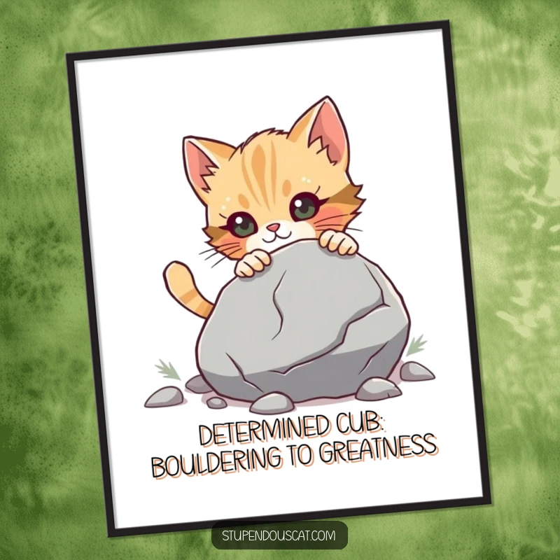 Funny Free Printable Wall Art: Determined cat cub exerting all its effort to push a massive boulder. A downloadable gift.