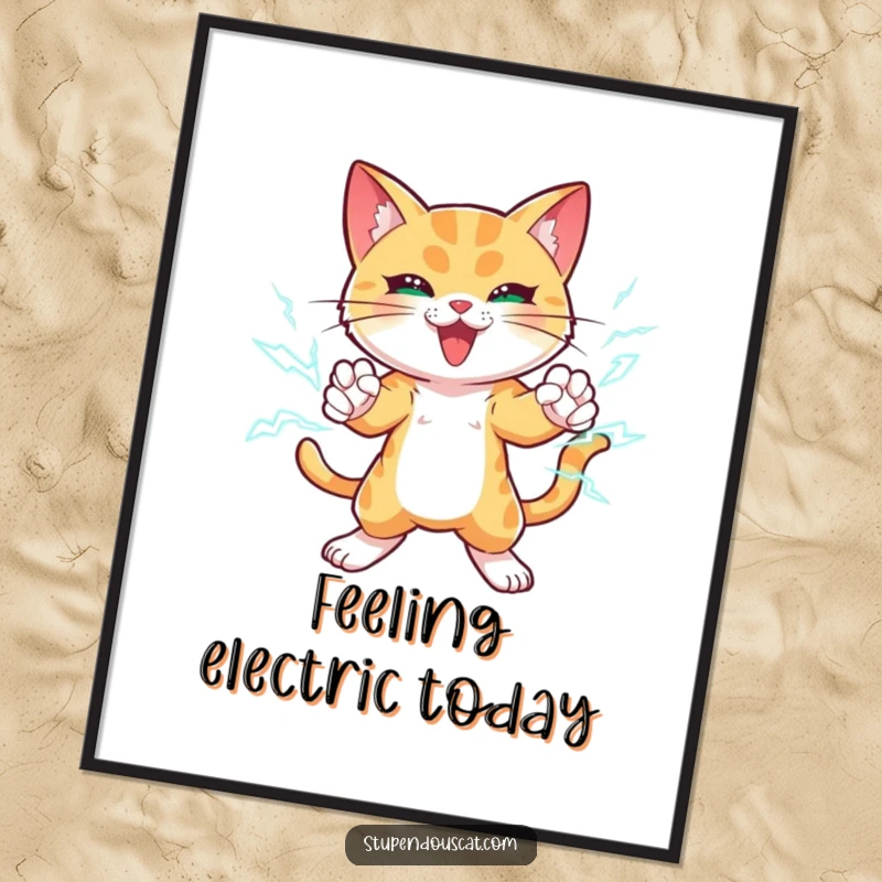 Funny Free Printable Wall Art: A cat with lightning bolts around its paws, striking a powerful, dynamic pose.