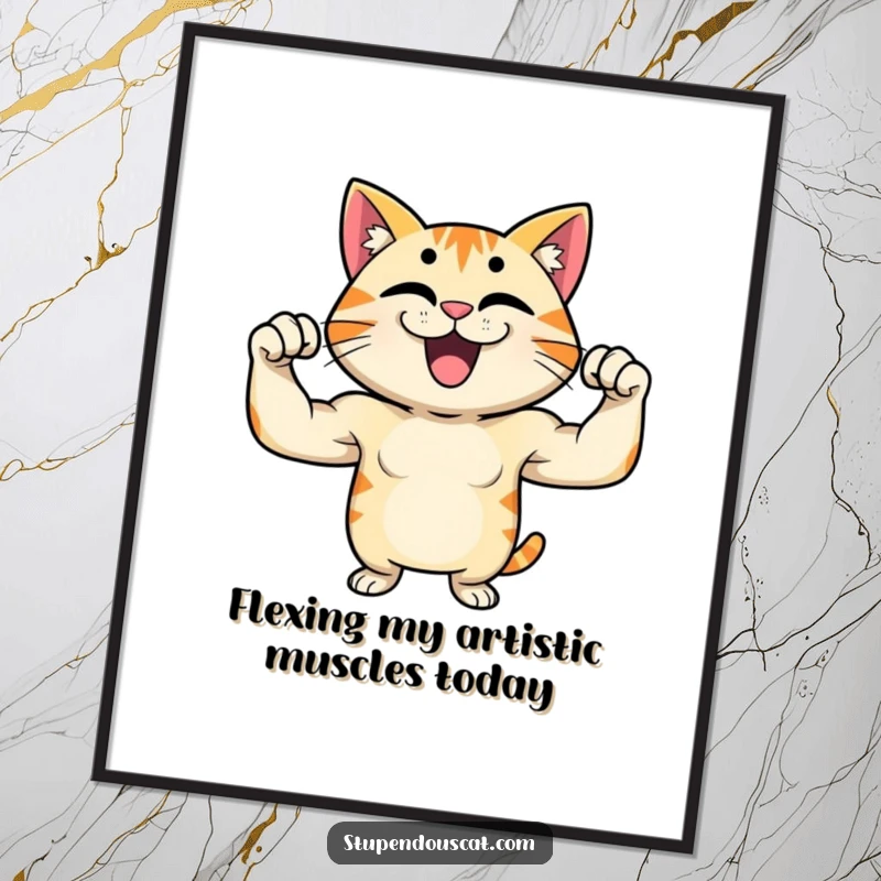 Funny Free Printable Wall Art of a cat character flexing its muscles with a proud grin, embodying confidence and strength.