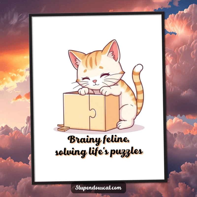 Funny Free Printable wall art depicting a clever cat deeply engrossed in solving a challenging puzzle box. Intelligent downloadable art.