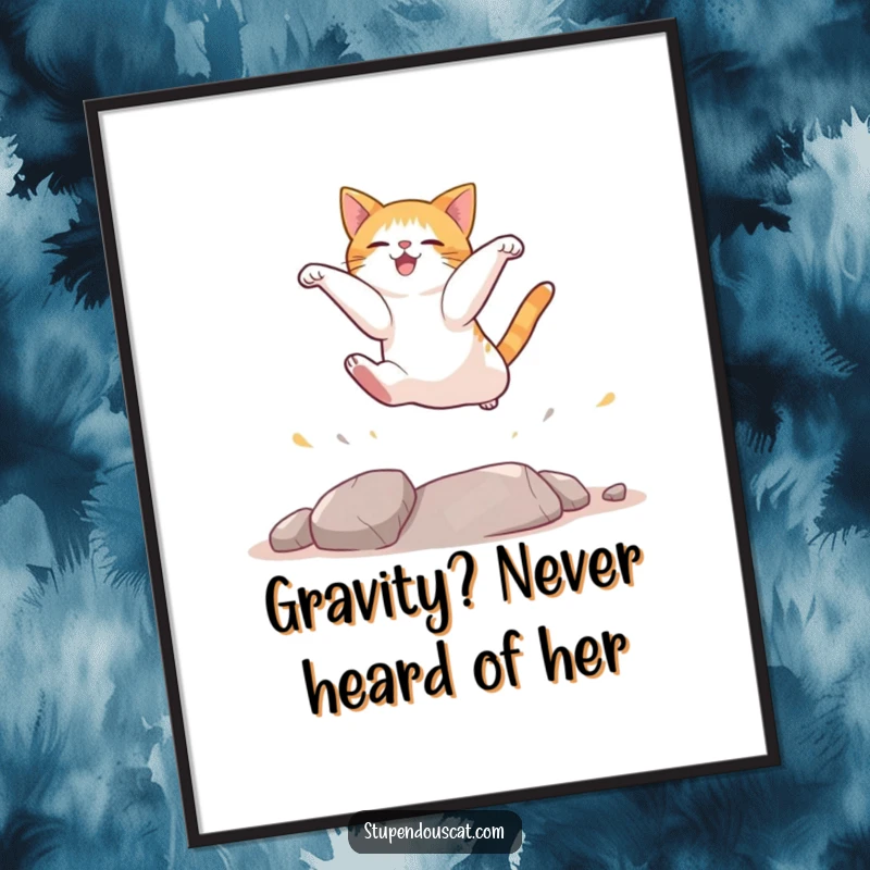 Funny Free Printable Cat Wall Art: A cat executing a flawless landing after a high jump, full of personality.