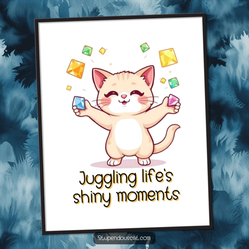 Funny Free Printable Wall Art: A cool cat skillfully juggling luminous, colorful gems with impressive dexterity, a delightful piece of art.