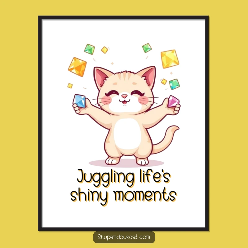 Free Printable Wall Art: Cat Juggling Gems - Funny Downloadable Decor for Art Lovers