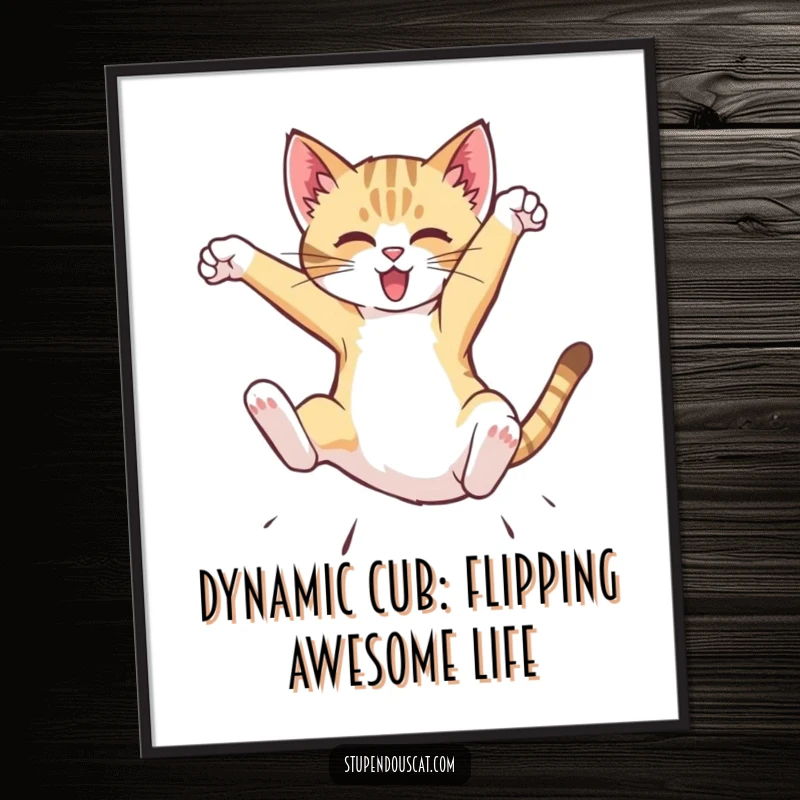 Funny Free Printable Wall Art: Dynamic cat cub soaring mid-air in a spectacular flip. A downloadable gift.