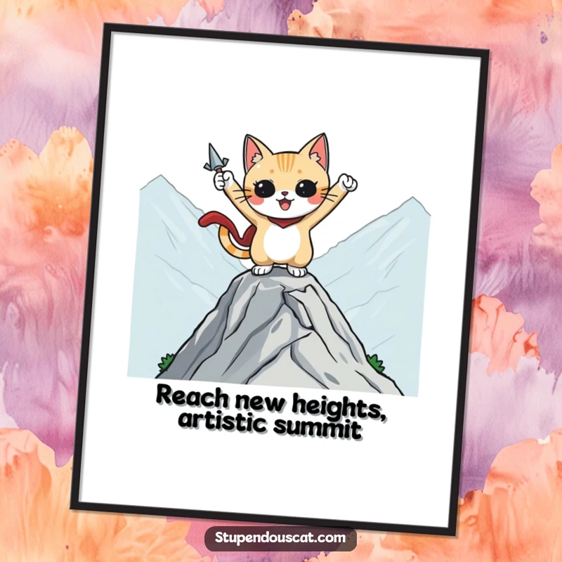 Funny Free Printable Wall Art of a cat character striking a heroic pose on a mountaintop, embodying courage and adventure.