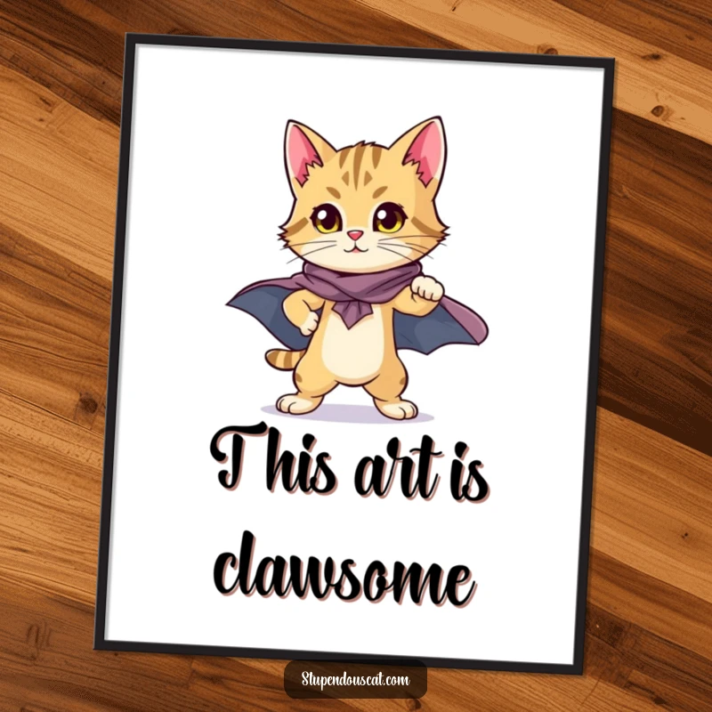 Funny Free Printable Wall Art: A heroic cat cub stands in a proud, powerful pose, cape billowing.