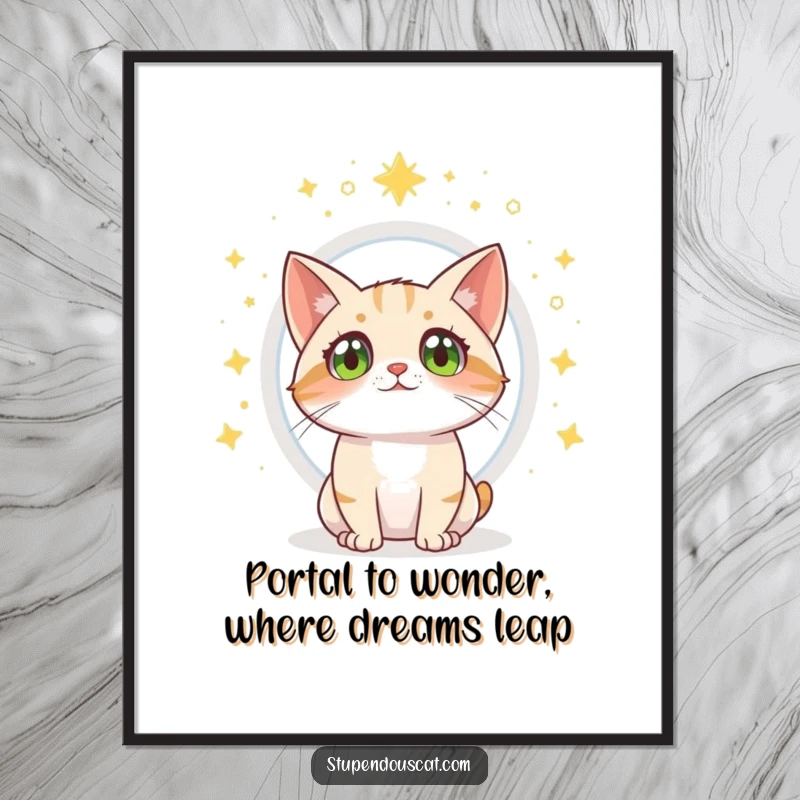 Funny free printable wall art of a cat with wide eyes watching a magical portal open, whimsical downloadable art.