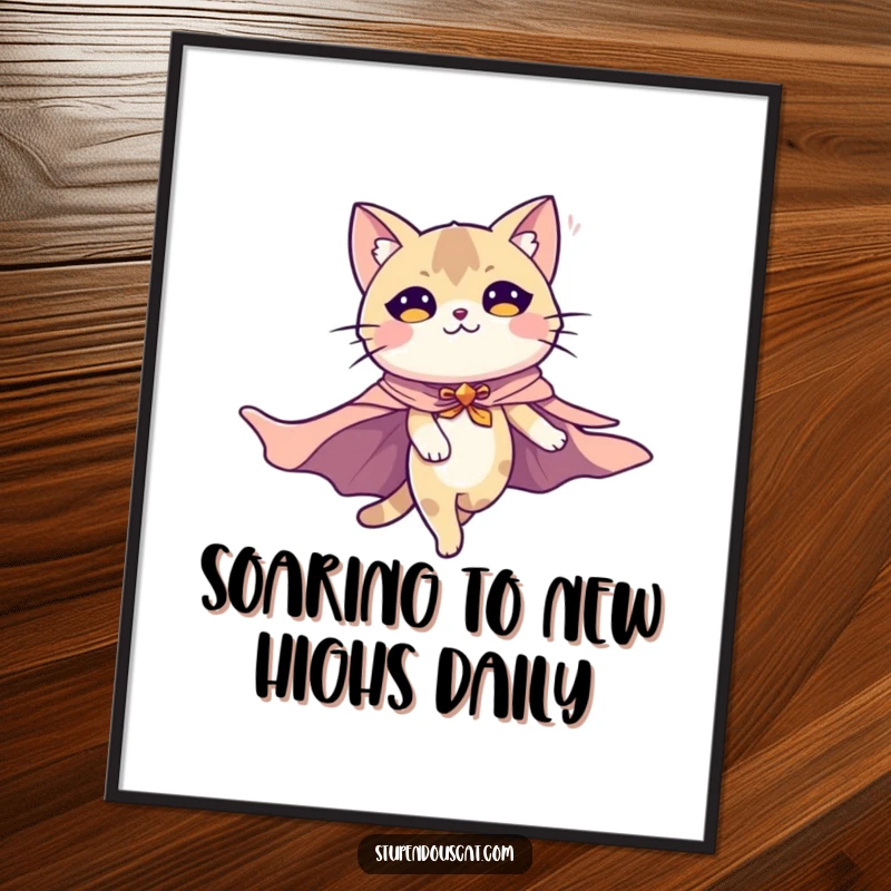 Funny Free Printable Wall Art: Majestic cat with a flowing cape soars through the sky, a downloadable masterpiece of humor.