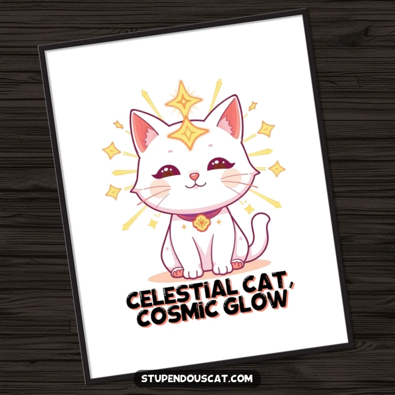 Funny Free Printable Wall Art: Radiant cat adorned with glowing celestial symbols, emitting a gentle, enchanting light.