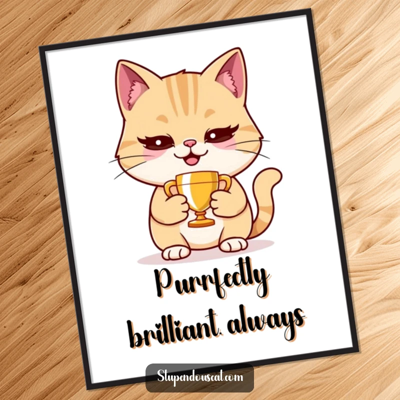 Funny free printable wall art of a smug cat holding a tiny trophy, with a proud and pleased expression.