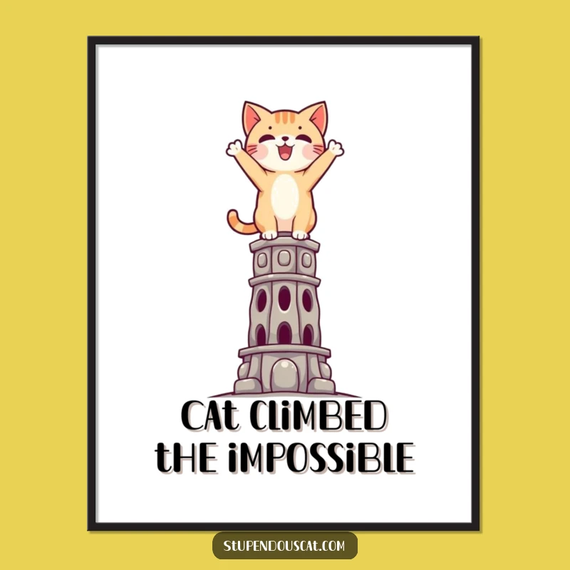 Free Printable Wall Art: Triumphant Cat, Impossible Structure Downloadable Cat Art