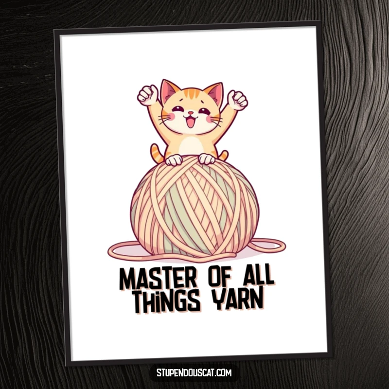Funny Free Printable Wall Art: A cat triumphantly posing on top of an enormous ball of yarn, playful decor.