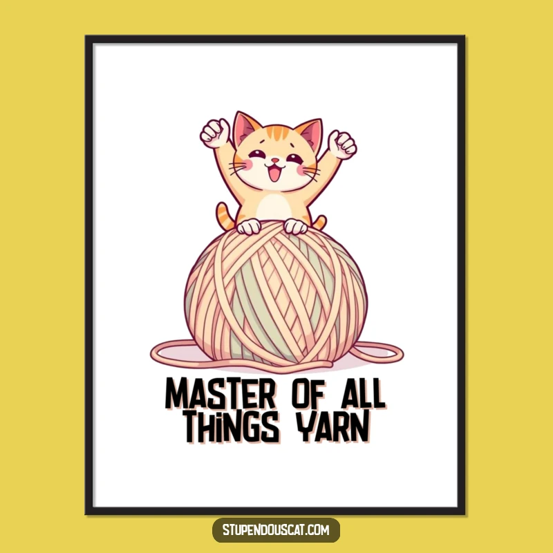 Free Printable Wall Art: Triumphant Cat on Yarn, Whimsical Downloadable Decor
