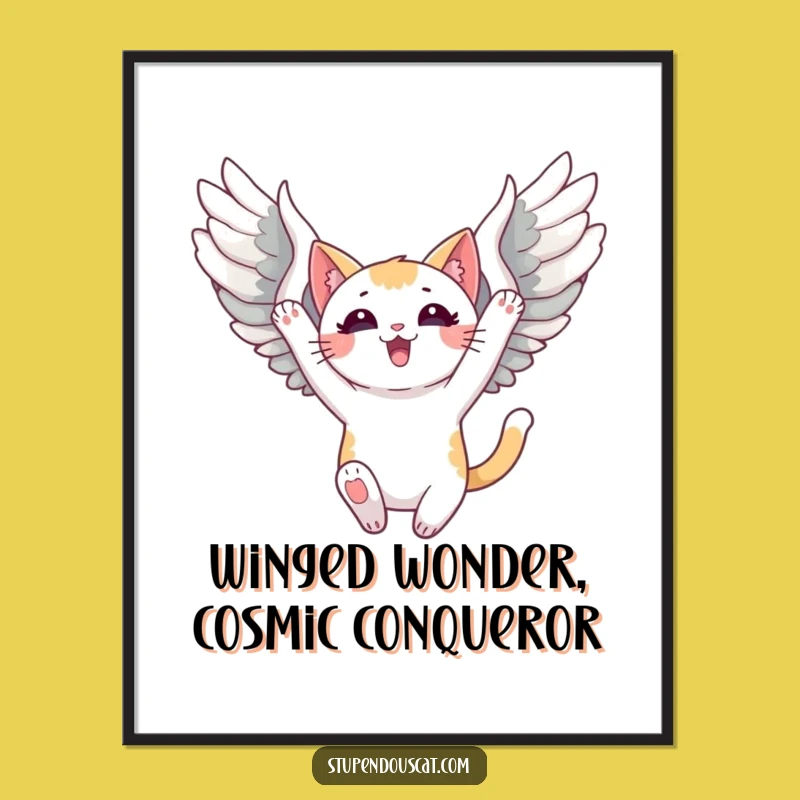 Free Printable Wall Art: Triumphant Winged Cat Soaring in the Sky