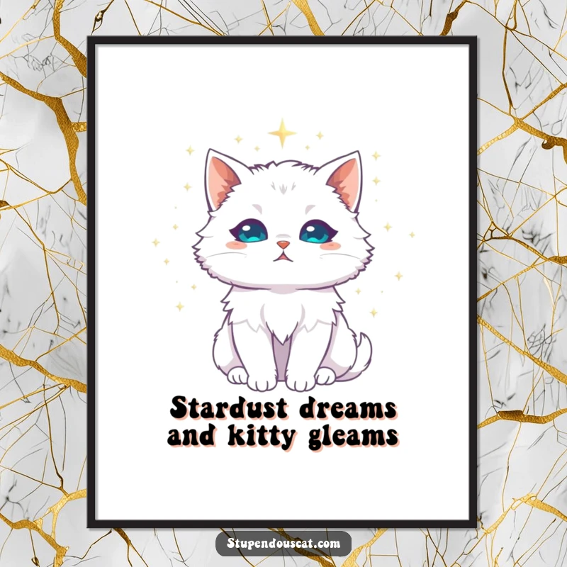 Funny Free Printable Wall Art of a majestic white cat surrounded by a shimmering halo of stardust
