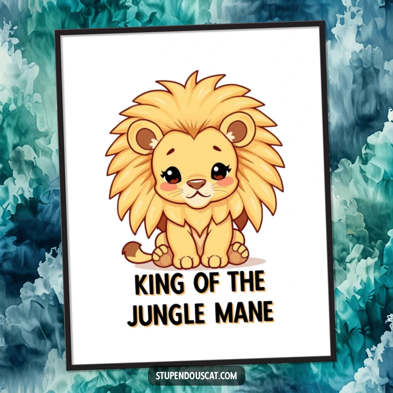 Funny Free Printable Wall Art of a majestic lion cub with a ridiculously large, shimmering mane