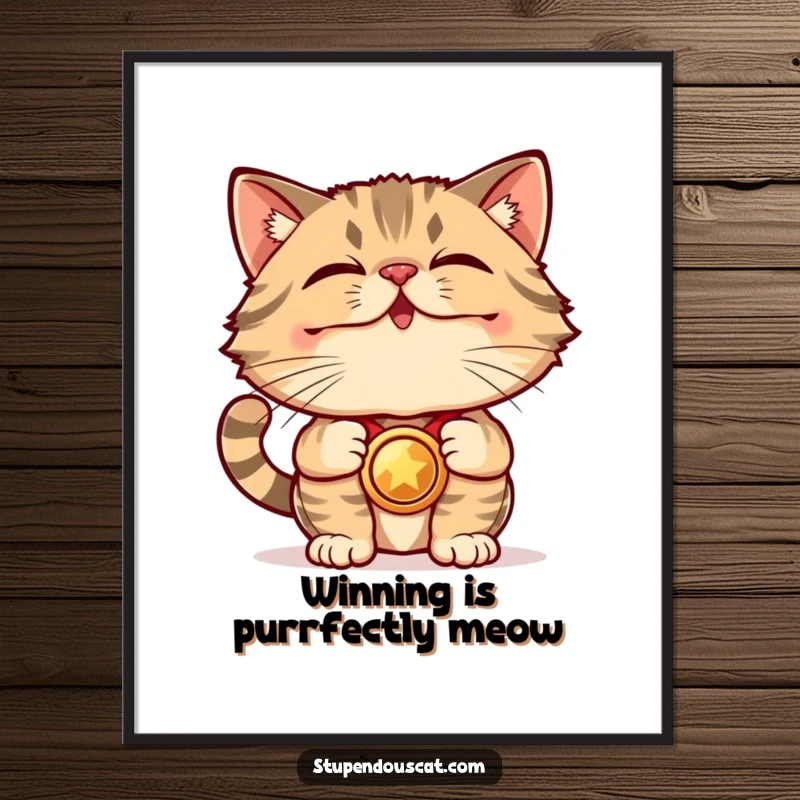 Funny Free Printable Wall Art: A smart cat proudly displays a large, shiny medal, exuding an air of accomplishment, download for your walls.