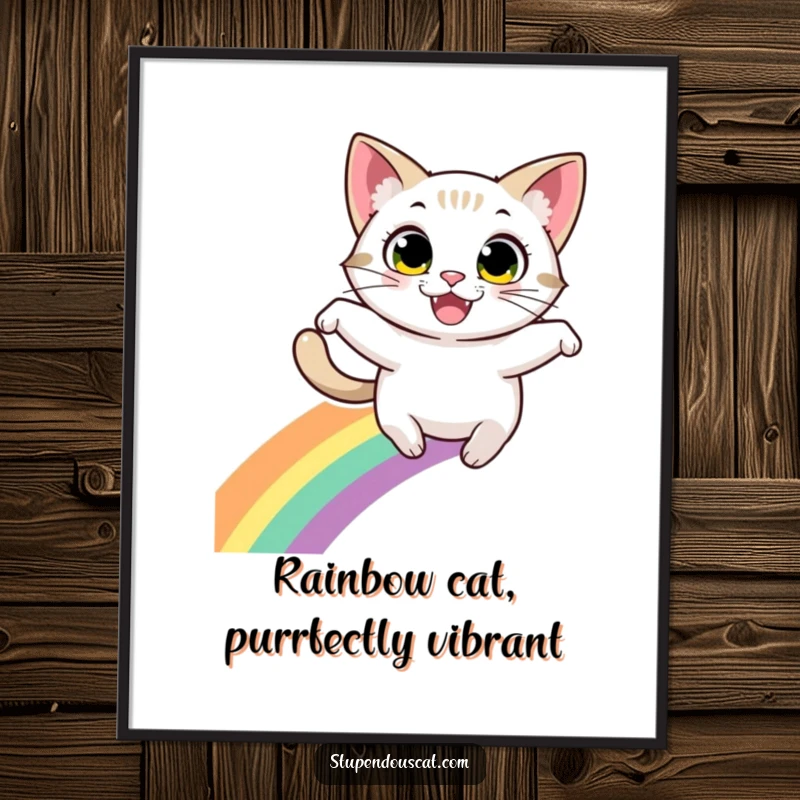 Funny Free Printable Wall Art: A cat with wide, excited eyes leaping over a colorful rainbow with a big smile.