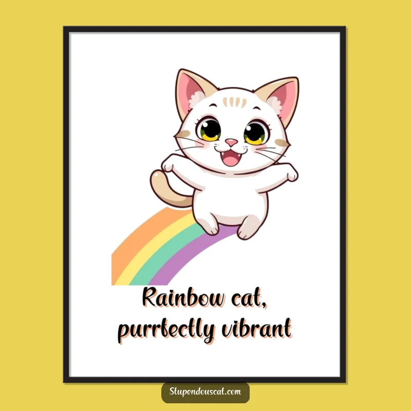 Funny Free Printable Wall Art: Energetic Cat Rainbow Leap, Downloadable Quirky Decor