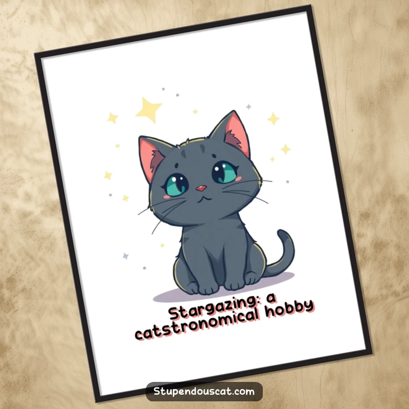 Funny Free Printable Wall Art: A mysterious cat gazes thoughtfully at a vast starry night sky. Dreamy downloadable art.