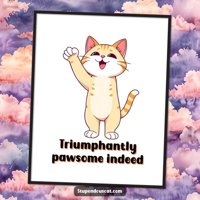 Funny Free Printable Wall Art: An admirable cat standing tall, paw outstretched in a powerful, triumphant pose.