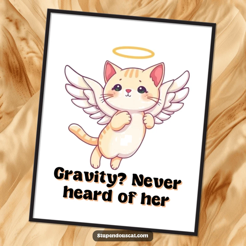 Funny Free Printable Wall Art: A graceful cat with large, white angelic wings soaring high in the sky.