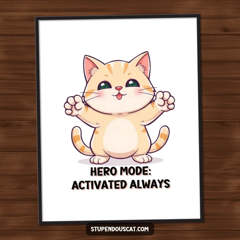 Funny free printable wall art showing a cat in a powerful, heroic pose with paws outstretched, radiating confidence.
